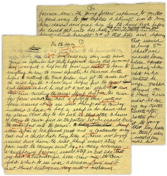 Moe Howard's Handwritten Manuscript Page When Writing His Autobiography -- Entitled ''On the Farm'', Moe Writes About Curly & Shemp, & Getting Sprayed by a Skunk -- Two Pages on One 8'' x 9'' Sheet